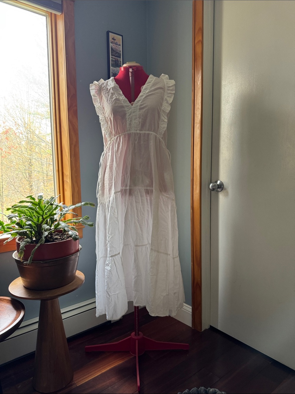 White V-Neck Ruffle Sleeve Maxi Dress